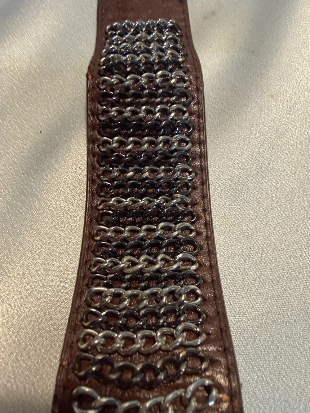GUANG TUNG Brown Leather Cuff Bracelet with Silver Chain Detailing